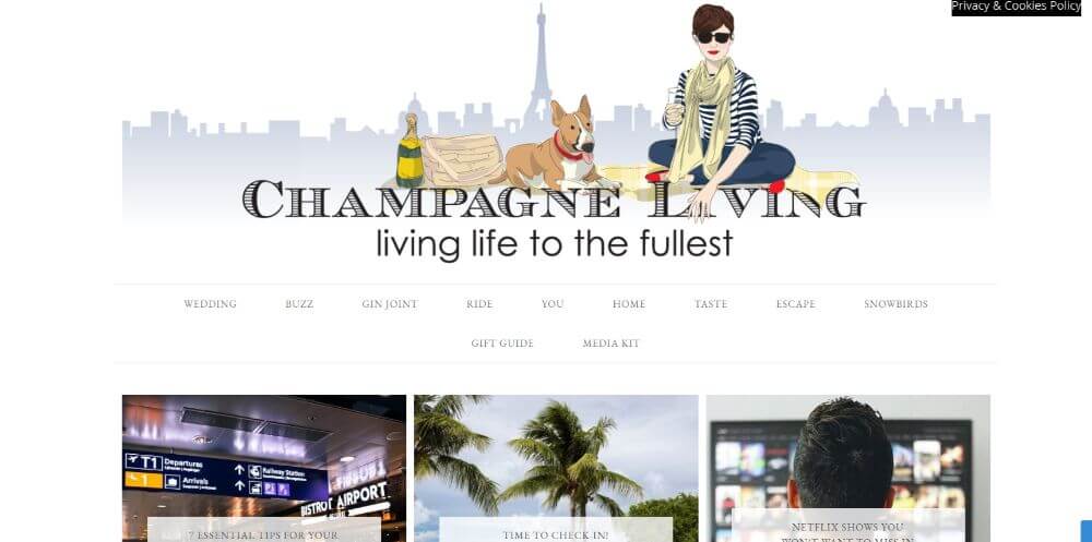 Champagne Living blog homepage screenshot