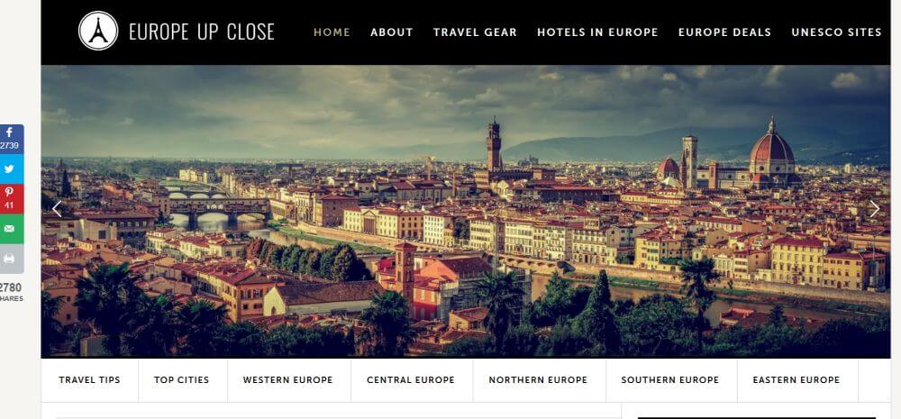 Europe up close homepage screenshot, travel blog design