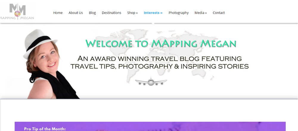 Mapping Megan travel blog homepage design