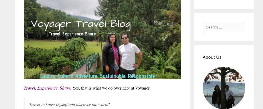 Voyager travel blog homepage screenshot