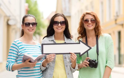 Three young women on a city tour holding a map and a direction sign