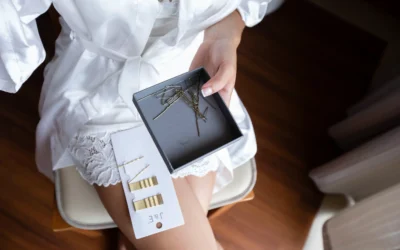 Hotel guest preparing for stay with hair accessories in a modern room