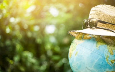 Globe wearing a hat and sunglasses symbolizing sustainable and eco-friendly travel around the world.