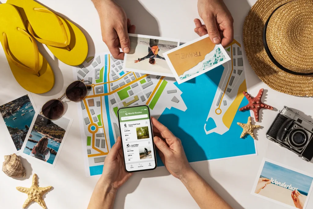 Hands using a travel planning app on a smartphone with vacation photos, beach map and summer accessories around