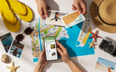 Hands using a travel planning app on a smartphone with vacation photos, beach map and summer accessories around