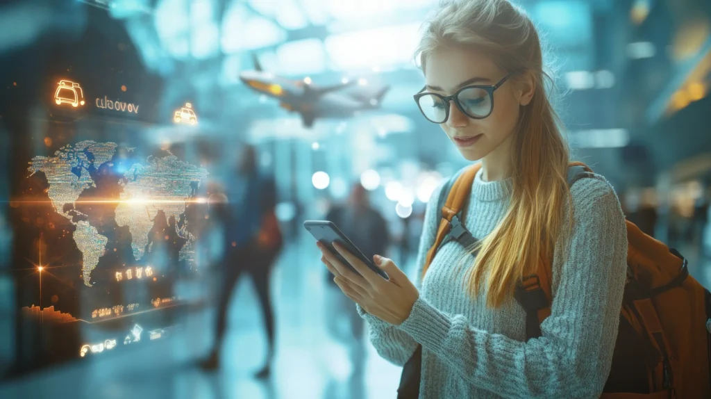 Traveler using AI travel planning on a smartphone at the airport for real-time trip decisions